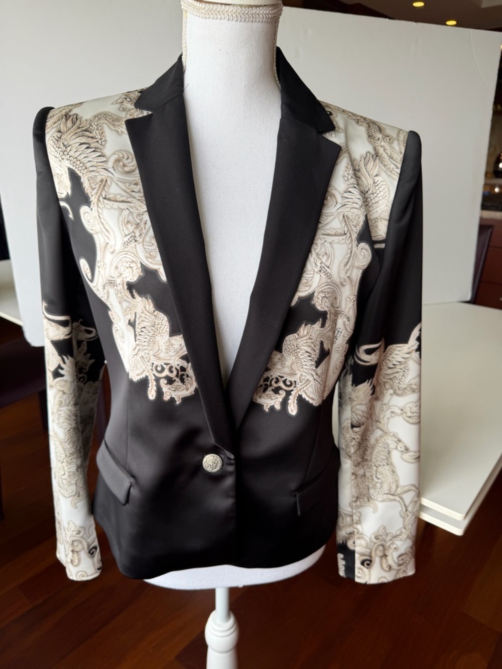 Just Cavalli Black and Cream Baroque-Print Satin Blazer
